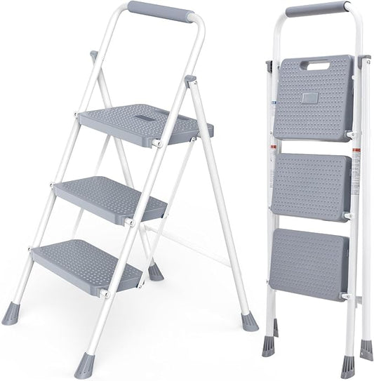 Sweetcrispy 3 Step Ladder, 800lbs Heavy-Duty Sturdy Folding Step Stool | Lightweight Portable Stepping Stool with Wide Anti-Slip Pedal, Cushioned Handle, for Home Kitchen and Outdoor, Grey