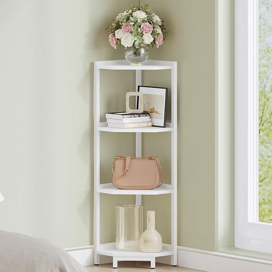Hzuaneri Corner Shelf Stand 4-Tier Corner Bookshelf Storage Standing Shelf | Bookcase Plant Stand with Metal Frame for Living Room, Home Office, Bedroom, White CS05813W