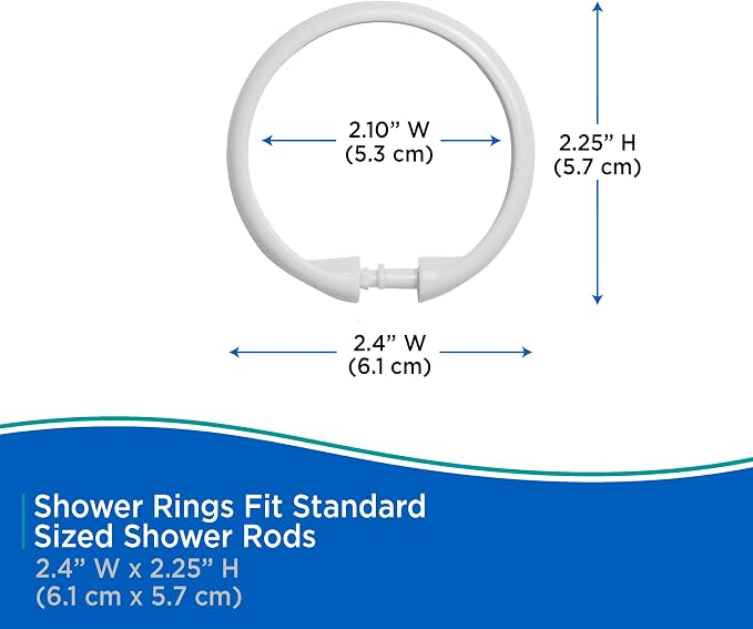 Kenney KN61217 Rust-Proof Smooth Plastic Shower Curtain Rings for Shower Curtain and Standard Shower Curtain Rod, Bathroom Use, Easy to Snap Closure, Easy to Install, Set of 12, White