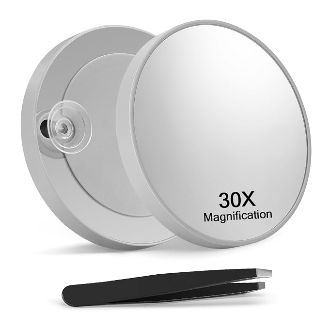 Macaki 30x Magnifying Mirror Suction Cup, Makeup Mirror, 3.5 in, Grey | Small Magnifying Mirror, for Home, On the Go or Office, Brows, Contacts, Powerful Suction Cup, Travel Mirror, Tweezers