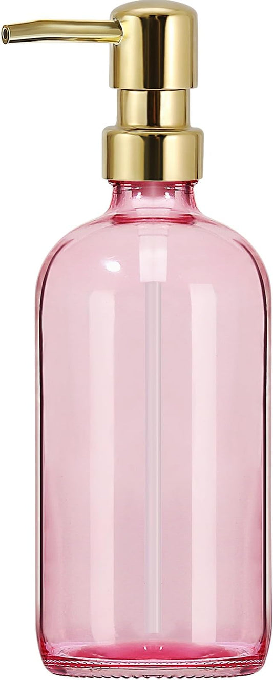 GMISUN Pink Soap Dispenser Bathroom, 1 Pack Glass Dish Soap Dispensers for Kitchen with Rustproof Plastic Gold Pump, 17 Fl Oz Bathroom Hand Soap Dispenser, Modern Liquid Dishwashing Dispensers Bottle