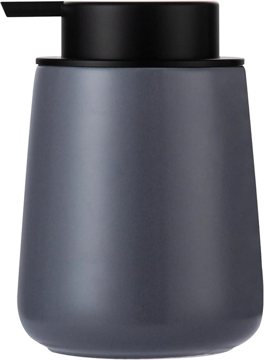 Enra Grey Soap Dispenser, Modern Ceramic Hand Soap Dispenser Bathroom | 12oz Ceramic Body with Wide-Mouth Refill Opening. Neutral Gray Finish Adds Style to Kitchens, Vanities and Countertops.