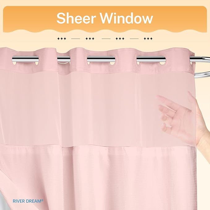River Dream Waffle No Hook Shower Curtain with Liner,Light Pink,71x74 | Dotted Waffle,Snap-in Liner,Heavy Duty,Quick Dry,Mesh Top Window,With Bottom Magnets,Hotel-Grade,Washable,Standard Size