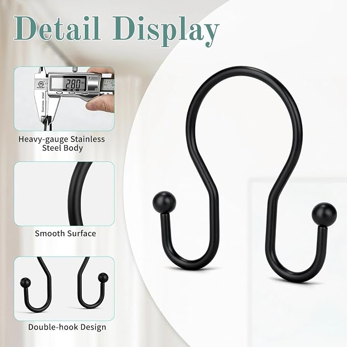 Shower Curtain Hooks, 12 Pcs Shower Curtain Rings, Stainless Steel Shower Curtain Hangers, Black Shower Curtain Hooks Rings Rust Proof, Minimalist Shower Hooks for Shower Curtain, Black