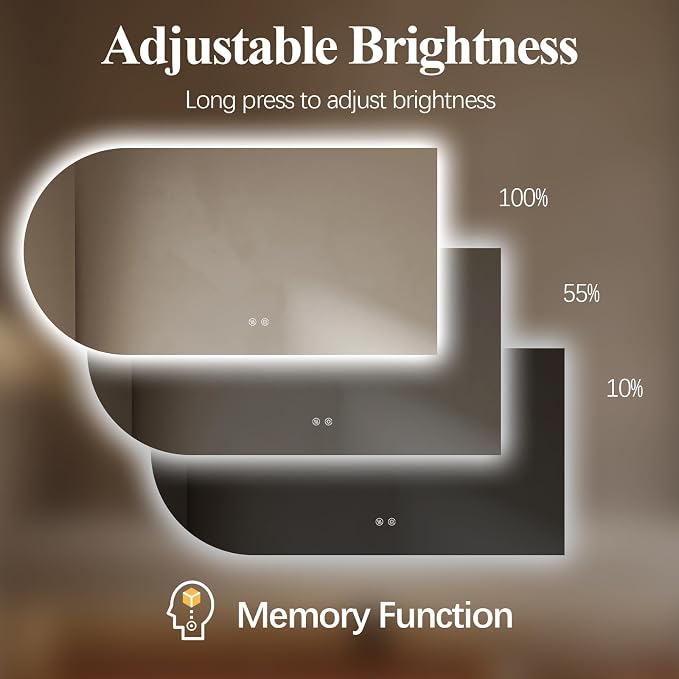 Arched LED Bathroom Mirror, 55"x28" Arch Framless Backlit Mirror with Lights Anti-Fog Dimmable Smart Frameless 3-Color Lighted Vanity Mirror Memory Waterproof, UL Listed, Horizontal-Right