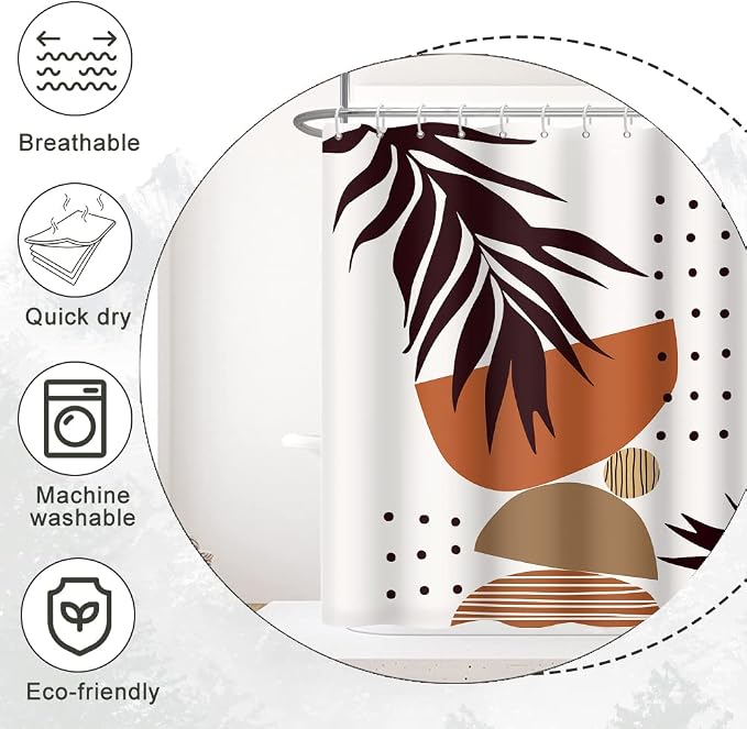 Mid Century Terracotta Shower Curtain for Bathroom 54x72 Inch | Waterproof Abstract Dark Brown Leaves Shower Curtain Set, Soft Boho Bathroom Decor, Machine Washable