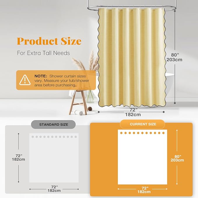 72x80 Boho Scalloped Linen Textured Cloth Shower Curtain Set, Yellow | Long Size, 230GSM Waterproof Polyester, Heavy Duty Fabric, 12 Plastic Hooks, Elegant Modern Farmhouse Style, Machine Washable