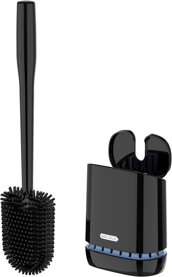 MR.SIGA Toilet Bowl Brush and Holder, Wall Mounted Toilet Brush, Black | Automatic lid design, sturdy handle, upgraded ventilation, flexible thermoplastic rubber head, easy to clean and dry quickly