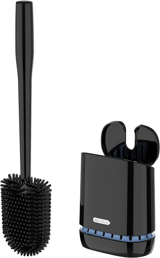 MR.SIGA Toilet Bowl Brush and Holder, Wall Mounted Toilet Brush, Black | Automatic lid design, sturdy handle, upgraded ventilation, flexible thermoplastic rubber head, easy to clean and dry quickly