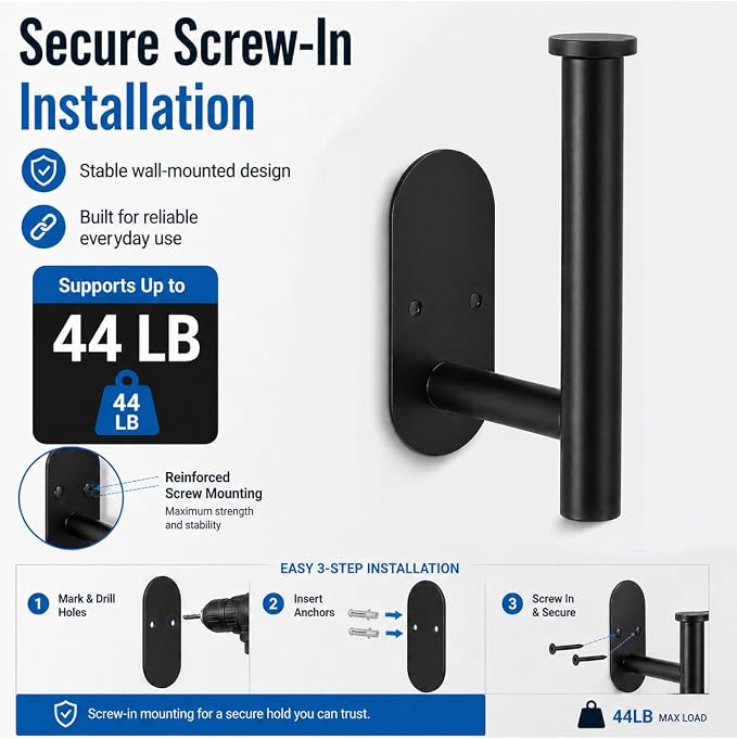 2Pcs Black Toilet Paper Holder Wall Mount For Bathroom, Heavy-Duty Screw-In Rv Toilet Roll Holder, SUS304 Rustproof Stainless Steel Rust Proof, Suitable For Kitchen Washroom Thicken Morden Matte Black