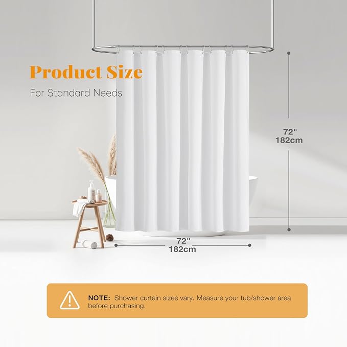 White Linen Textured Waterproof Thick Fabric Shower Curtain Set, 72x72 | 230GSM Polyester, Heavy Duty Cloth, Weighted Hem, 12 Plastic Hooks, Modern Hotel Style, Machine Washable, Bathroom Decor