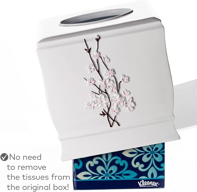 Vanda Cherry Blossom White Square Resin Tissue Box Cover with Bottom Slider