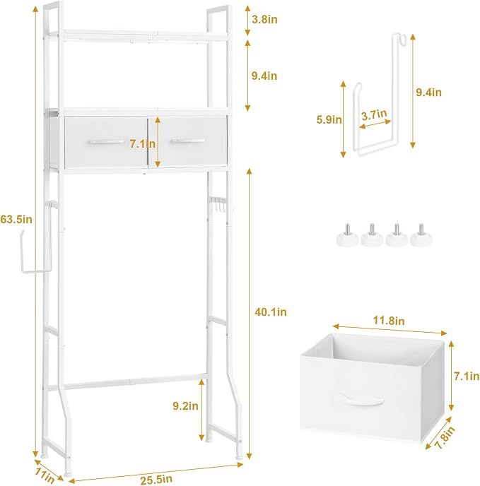 YBING Over The Toilet Storage Cabinet, Over Toilet Bathroom Organizer with Drawer, Roll Holder and Hooks, Bathroom Storage Cabinet, Wooden, White