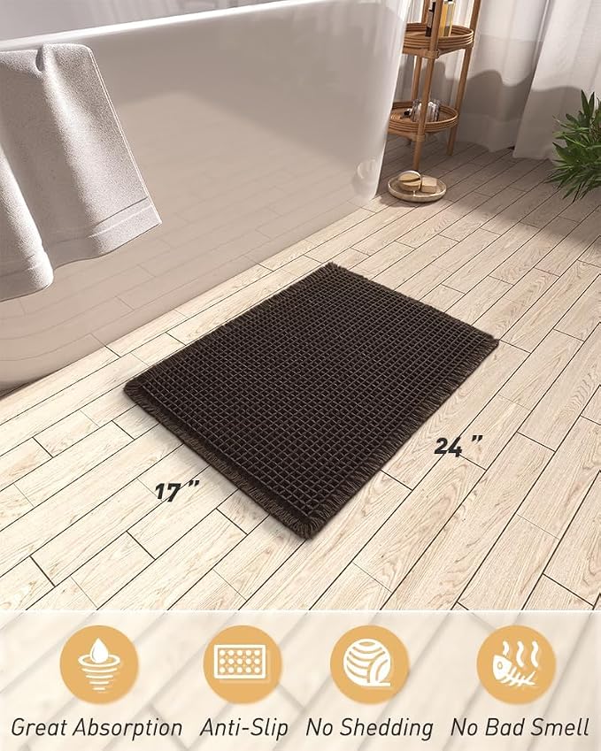 AMOAMI Upgraded Waffle Bath Mat, Super Absorbent Non Slip Bath Mats for Bathroom Floor, Washable Bathroom Rugs with Tassels, Rubber Backed Bathroom Mats, Ultra Soft, 17" x 24", Chocolate