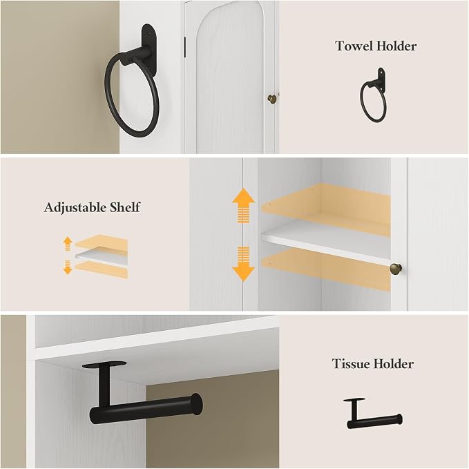 7-Tier L-Shaped Wooden Over the Toilet Storage Cabinet with Doors, Modern Over Toilet Bathroom Organizer Shelf with 2 Large Drawers, Bathroom Over Toilets Storage Cabinet, Space Saver, White