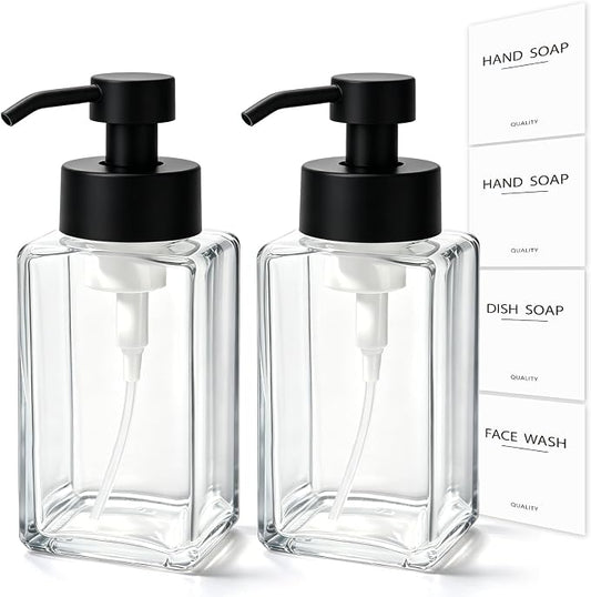 Foaming Soap Dispenser, 12oz/350ml Glass Foaming Hand Soap Dispenser Set, 2Pcs Refillable Foam Soap Dispenser With Foaming Pump, Labels, Square Foam Soap Hand Dispenser For Bathroom, Kitchen