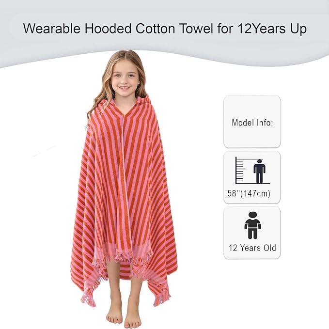 VOOVA & MOVAS Big Kids Hooded Bath Towel, 8+, 100% Cotton, Thick, Red Pink | Horizontal Stripe Design, Soft, Absorbent & Quick Dry, Perfect for Bath, Pool, Swim and Beach