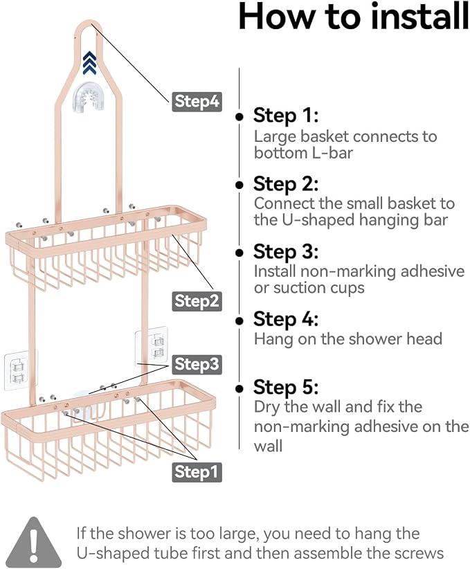 Never Rust Shower Caddy Hanging, Aluminum Shower Racks for Inside Shower, 2-Tier Shower Organizer Hanging Over Shower Head with Hooks and Soap Holder, Rose Gold