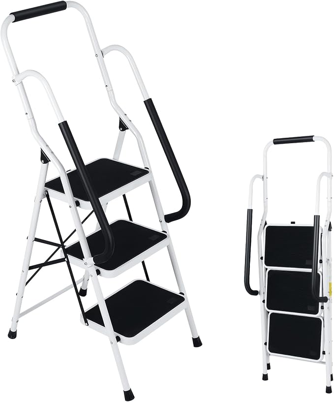 Step Ladder 3 Step Folding with Handrails, Folding Step Stool with Wide Anti-Slip Pedal, Sturdy Steel Portable Ladder, Lightweight Step Stool Foldable for Library Home Garage Office