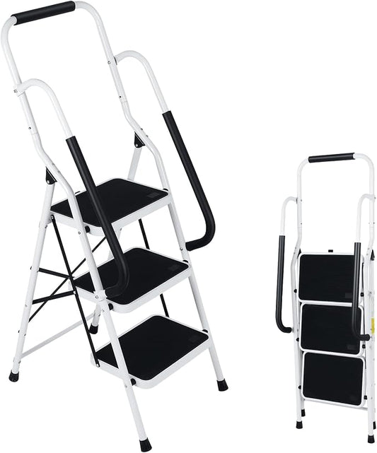 Step Ladder 3 Step Folding with Handrails, Folding Step Stool with Wide Anti-Slip Pedal, Sturdy Steel Portable Ladder, Lightweight Step Stool Foldable for Library Home Garage Office