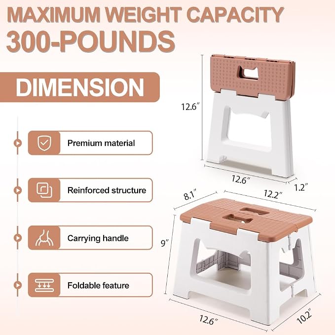 9'' Folding Step Stools for Kids & Adults, Hold Up to 300 Lbs Khaki | Portable Foldable Step Stool for Toddlers, Plastic Small Collapsible Stepping Stools with Handle for Kitchen Bathroom