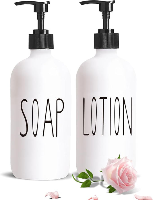 COHOSEGE Glass Soap Dispenser Set 2 Pack,16 Oz Hand Soap Dispenser for Bathroom,White Kitchen Accessories and Bathroom Decor,Soap and Lotion Dispenser Set for Bathroom