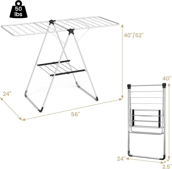 Tangkula 2-Level Collapsible Clothes Drying Rack w/Height-Adjustable Wings | Light-Weight Aluminum | Bottom Shoe Rack | No Assembly | Foldable & Space-Saving| for Laundry Room, Balcony, Patio | Silver