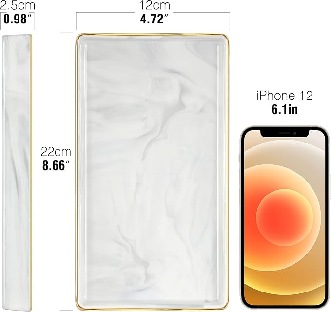 Luxspire Bathroom Vanity Tray Ceramic Jewelry Dish, S, Marble White | 8.7 x 4.7 inch Smooth matte ceramic, easy clean, anti-slip bottom, organize soap dispenser jewelry candles