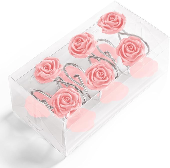 Cute Rose Floral Shower Curtain Hooks Rings for Bathroom,Pink 12PCS | Metal Rustproof Curtain Hooks Shower Rings,Girls Decorative Flower Bathroom Decor,for Bathroom Shower Rods