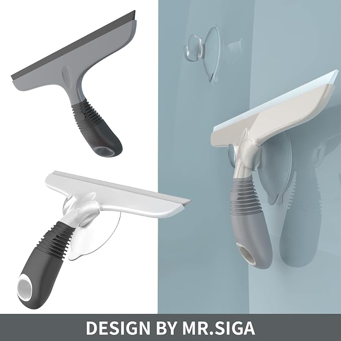 MR.SIGA Silicone Squeegee for Shower Doors, 25 cm/10 inch, White & Black | Shower squeegee for glass doors, streak free squeegee for windows, showers and glass surfaces, includes suction hook