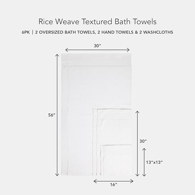 Texere 100% Organic Cotton Rice Weave Jacquard 700 GSM Luxury Bath Towel Sets, Soft and Absorbent Hotel Quality, Bath Towels, Hand Towels, Washcloths (Rice Weave, Bright White, 6 Piece)