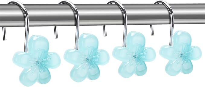 Flower Themed Shower Curtain Hooks, Glow in The Dark Bathroom Decor for Kids, Unique & Simple Look Decorative Shower Curtain Hangers, Cool Blue