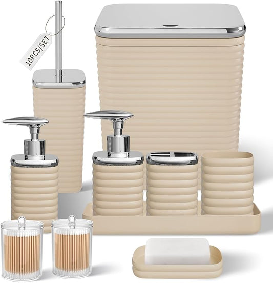 Bathroom Set - 10PC Bathroom Accessory Set, Beige Bathroom Set, Luxury Bathroom Accessories Set, Trash Can, Toilet Brush, Soap Dish, Qtip Holder & Soap Dispenser