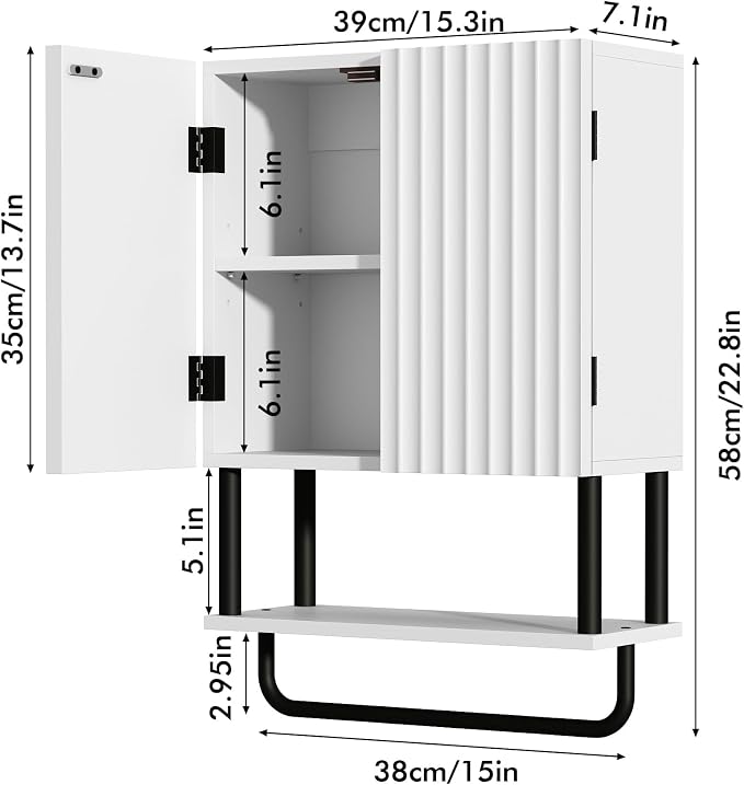 RUSTOWN Fluted Bathroom Wall Cabinet with 2 Doors, 3-Tier Medicine Cabinet | Modern Farmhouse Wall Mounted Cabinets, Over The Toilet Storage Cabinet, Adjustable Shelf and Towel Bar, Small