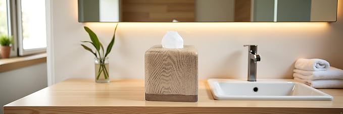 Hymmah Wooden Texture Square Tissue Box Cover Cube Tissue Holder Unique Design Klenex Box Dispenser for Bathroom Vanity Counter Tops Also Great for Bedrooms and Living Rooms