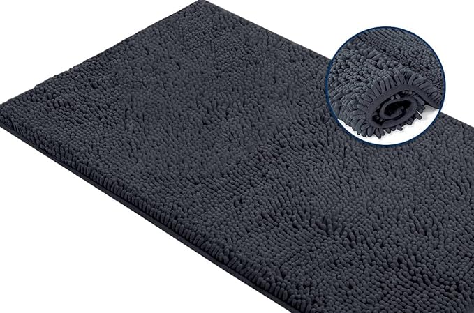 LuxUrux Ultra-Soft Chenille Bath Mat - Plush Microfiber Bathroom Rug, Super Absorbent & Quick-Dry, Cozy Shaggy Design, Machine Washable (24 x 36 inches, Charcoal)