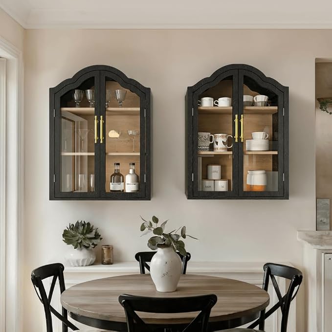 FIMELLO 47.2’’W Wave Design Arched Wall Cabinet, Bathroom Cabinet with Glass Doors Adjustable Shelf, Above Toilet Cabinet, Kitchen Wall Cabinet, Wall Bookshelf, Black Grain