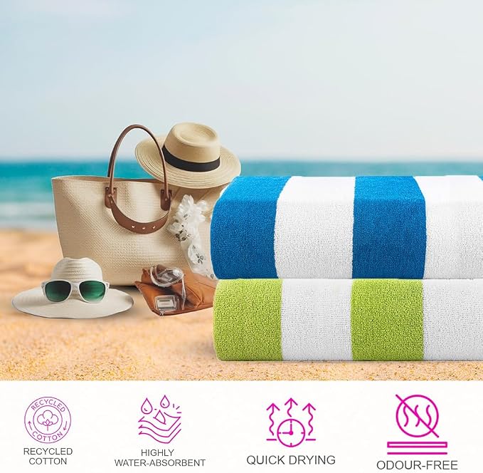 Casa Copenhagen Cabana Towel 4Pcs Blue,Pink,Green,Teal Designer Stripe Beach Towels Gift Set, 30"x60" Oversized 100%Cotton Pool Bath Towel for Beach Gift Set (Perfect Summer Gift Set For Women & Men)