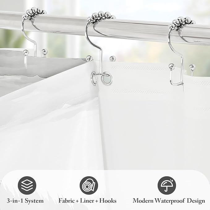 3 in 1 Black Forest Shower Curtain Set, Modern Spring Shower Curtain and PEVA Liner Set with 12 Stainless Steel Shower Curtain Hooks, Waterproof Fabric Shower Curtains for Bathroom, 72 W x 72 H