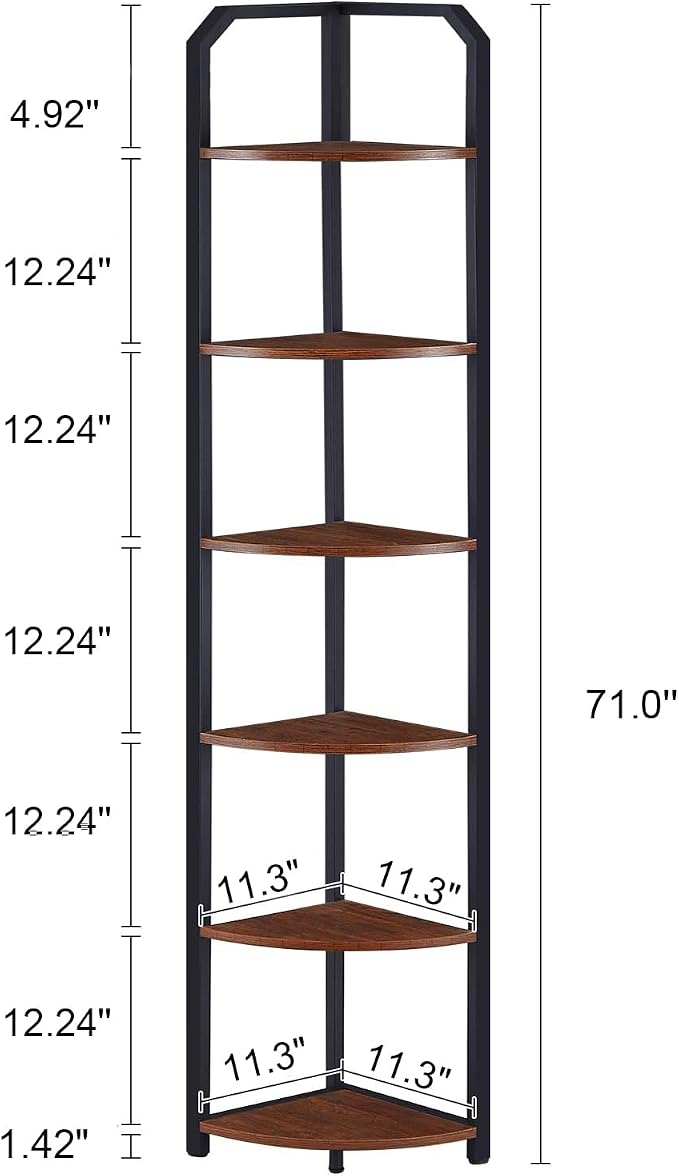MNEETRUNG 6 Tier Corner Shelf,71" Narrow Corner Bookshelf for Living Room,Bedroom,Brown