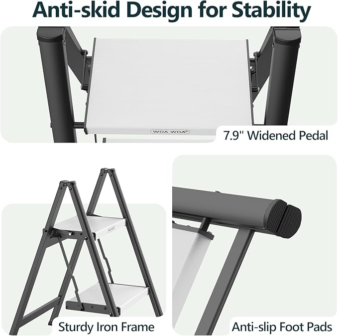 2 Step Foldable Step Stool, 300lbs Load, Black & White | Folded 27''H x 3''T; Net 6.9 lbs; Non-Slip Feet: Wood/Tile/Carpet; Rigid Aluminum Steps; No Assembly; Ready From Box.