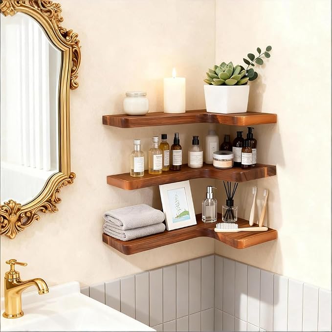 Floating Corner Shelves, Wall Shelf Set of 3, Shelves for Wall Storage, Solid Wood Shelves for Storage, Wall Mount Wooden Display Shelf for Bathroom Bedroom Kitchen Garage (Acacia, 3pcs)