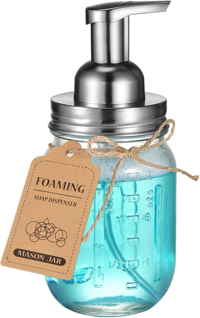 Amolliar Mason Jar Foaming Soap Dispenser Glass Soap(Brushed Nickel 2 Pack) | Refillable Hand Soap Dispenser for Kitchen, Foam Soap Dispenser Countertop, Farmhouse Decor, Shampoo, Bathroom Soap Dispenser