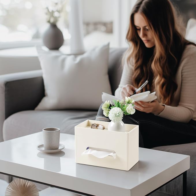 Plus Size Tissue Box Cover, Rectangle Tissue Box Organizer, Beige | Fit 180/230 Count Tissue Boxes, Storage Tray, PU Leather Large Tissue Box Cover, Rectangular Tissue Box Holder for Bathroom