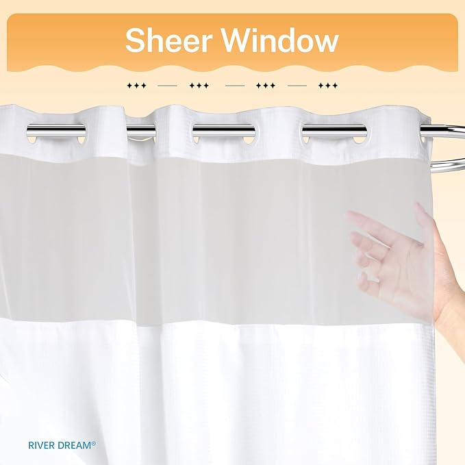 RiverDream Heavyweight Waffle No Hook Shower Curtain with Liner,White,71x77 | Dotted Waffle,Snap-in Liner,Heavy Duty,Quick Dry,Mesh Top Window,With Bottom Magnets,Hotel-Grade,Washable,Long Size