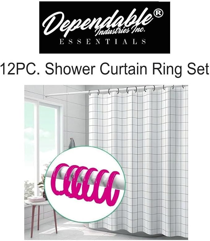 12 Piece Plastic Basic Locking Round Hook Easy Gliding Shower Curtain Rings Fits All Standard Size Shower Rods (Neon Pink)
