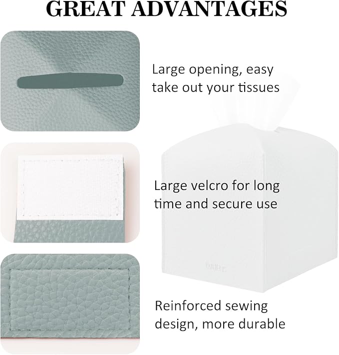 Tissue Box Cover Holder Square Tissue Cube Cover PU Leather Tissue Organizer with Bottom Belt for Bathroom, Tabletop, Car, Night Stands, Office, Home, Kitchen (2, Blue)