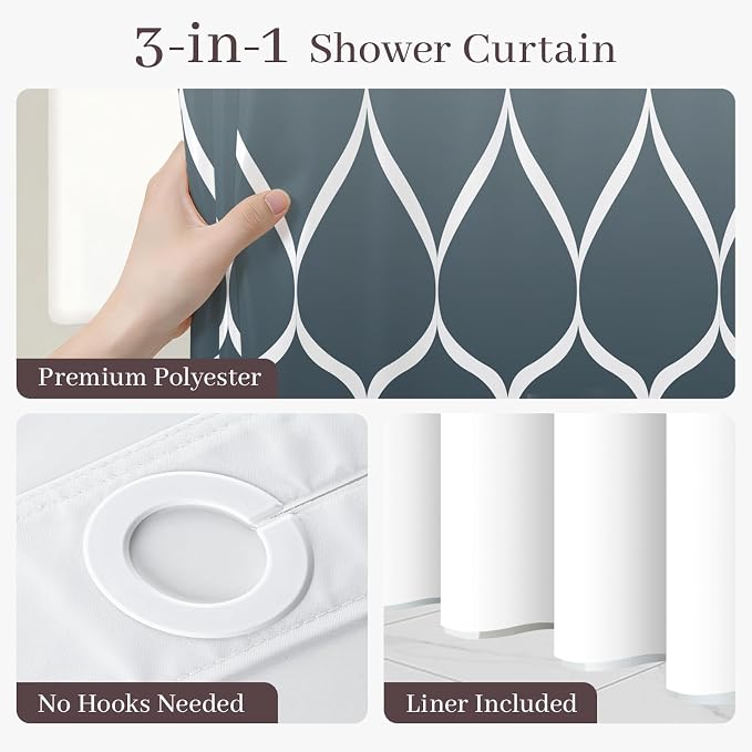 Gelbchu Ombre Aegean Blue No Hook Shower Curtain with Snap-in Liner, 71 x 74
