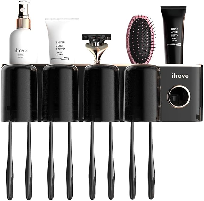iHave Toothbrush Holders for Bathrooms Wall Mounted with Dispenser & 4 Cups | 12 Slots Wall Mount Toothbrush Holders for Bathrooms with Squeeze Toothpaste Dispenser, 4 Cups & 4 Compartments Organizer