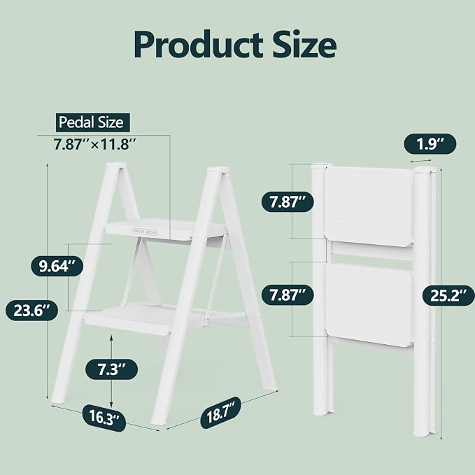 2 Step Foldable Step Stool, 330lbs Load, White | Folded 26'' H x 2'' T; Net 7.4 lbs; Anti-Slip Feet Grip Wood, Tile, Carpet; Wide Pedals; For Kitchens, Closets.